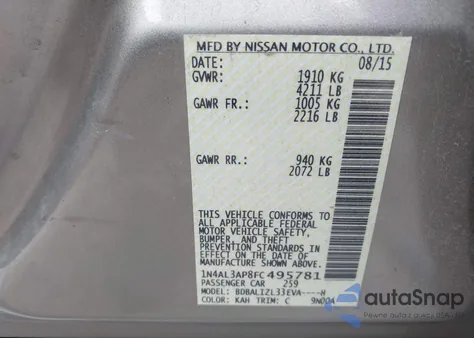 2015 Nissan Altima 2.5 Sv из США, поврежденный, VIN 1N4AL3AP8FC495781